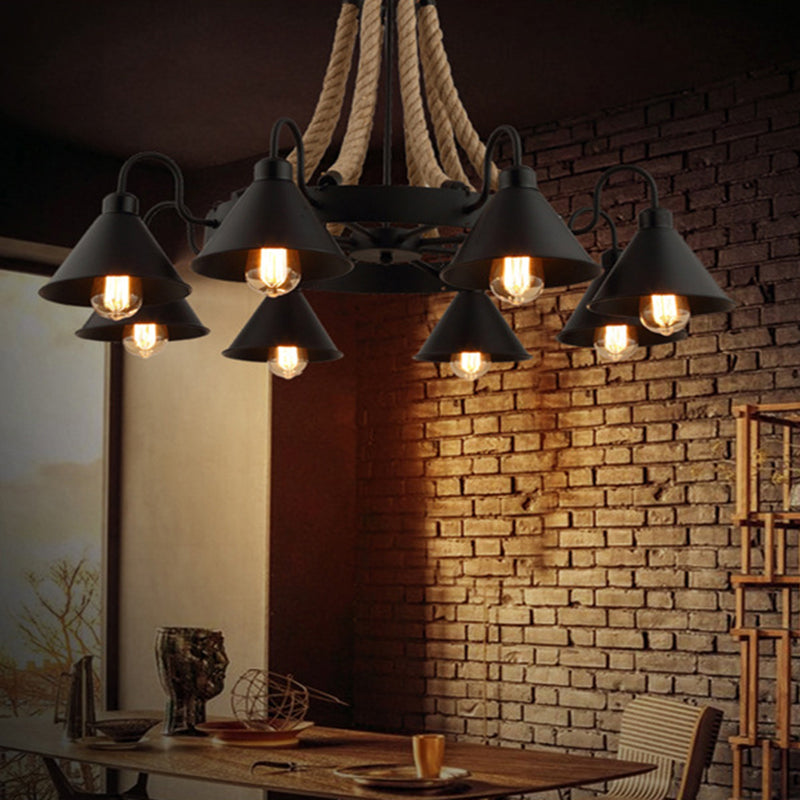 Multi Lights Black Hanging Chandelier Light Industrial Rope Cone Pendant Lamp