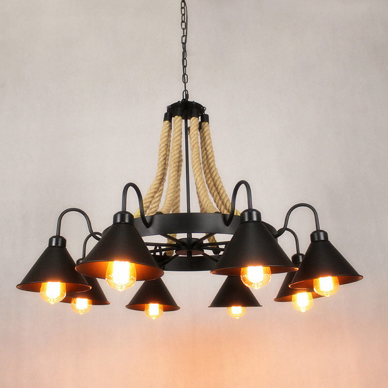 Multi Lights Black Hanging Chandelier Light Industrial Rope Cone Pendant Lamp