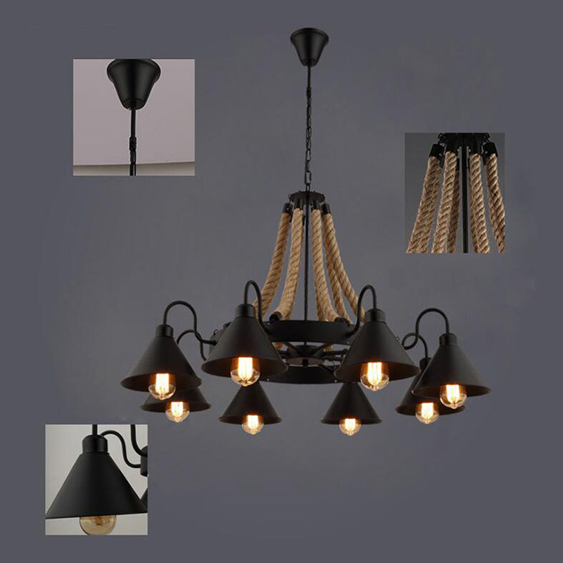 Multi Lights Black Hanging Chandelier Light Industrial Rope Cone Pendant Lamp