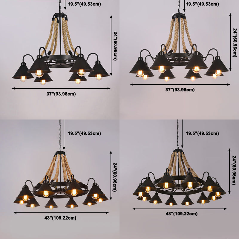 Multi Lights Black Hanging Chandelier Light Industrial Rope Cone Pendant Lamp