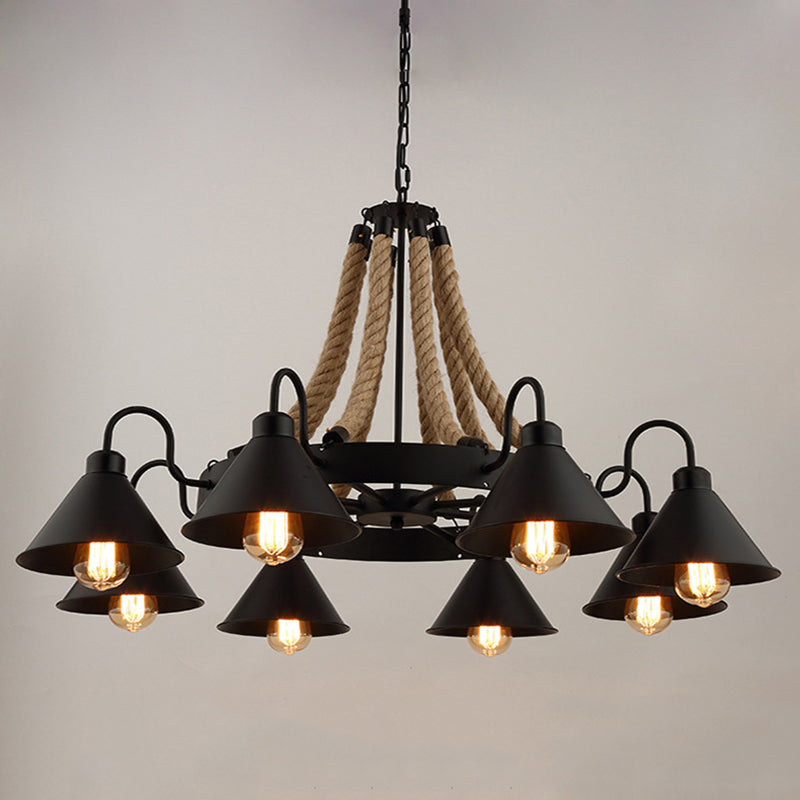 Multi Lights Black Hanging Chandelier Light Industrial Rope Cone Pendant Lamp