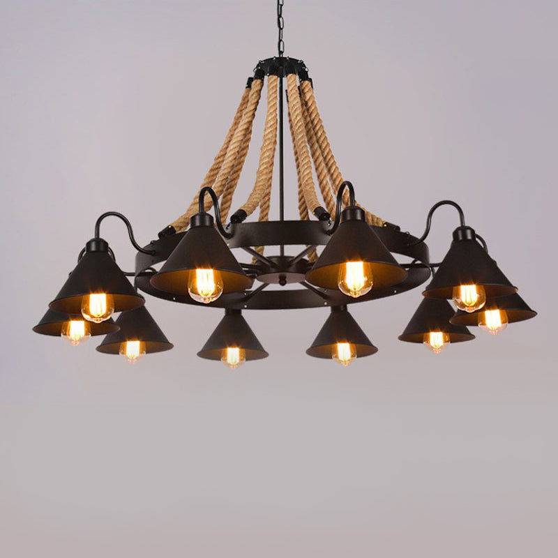 Multi Lights Black Hanging Chandelier Light Industrial Rope Cone Pendant Lamp