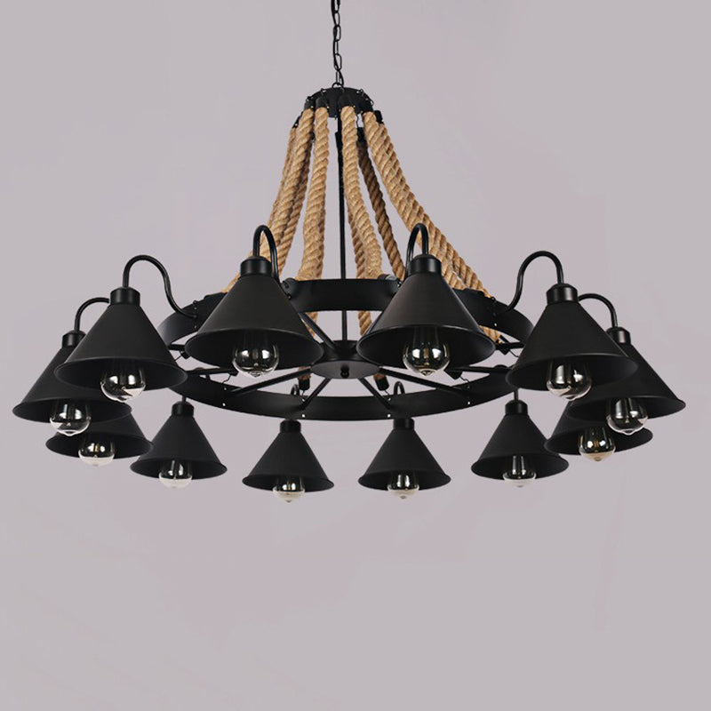 Multi Lights Black Hanging Chandelier Light Industrial Rope Cone Pendant Lamp