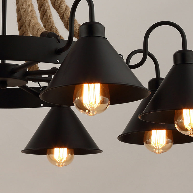 Multi Lights Black Hanging Chandelier Light Industrial Rope Cone Pendant Lamp