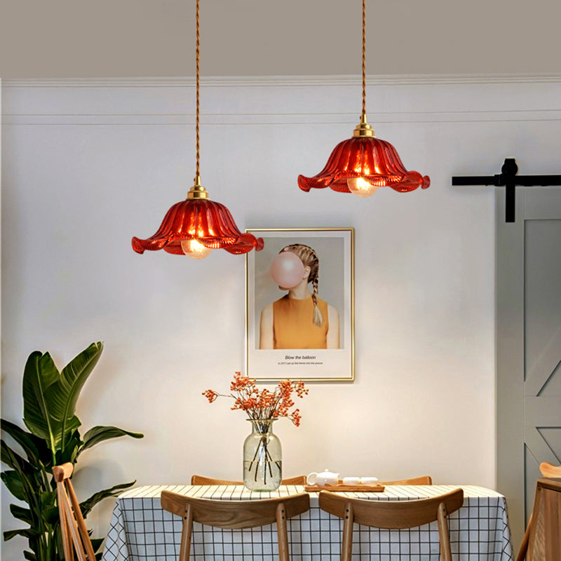 1-Light Ripped Shade Hanging Lamp, Contemporary Ribbed Glass Hanging Light