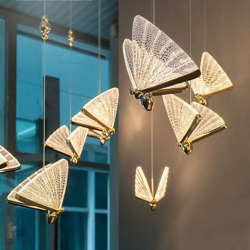 Modern Luxury Butterfly Pendant Light Aluminium Indoor LED Hanging Lamp with Acrylic Shade