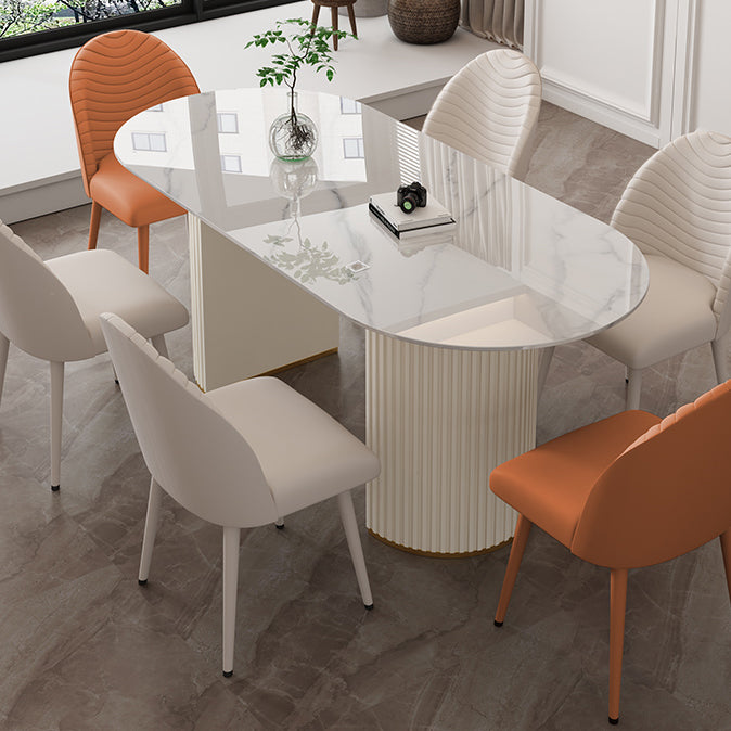 Oval Sintered Stone Dining Table Modern Table in White with Metal Double Pedestal