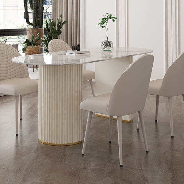 Oval Sintered Stone Dining Table Modern Table in White with Metal Double Pedestal