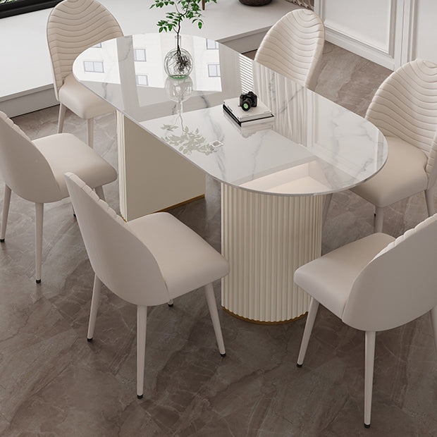 Oval Sintered Stone Dining Table Modern Table in White with Metal Double Pedestal
