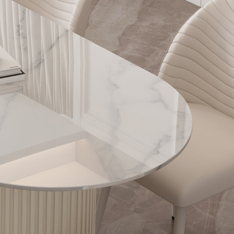 Oval Sintered Stone Dining Table Modern Table in White with Metal Double Pedestal