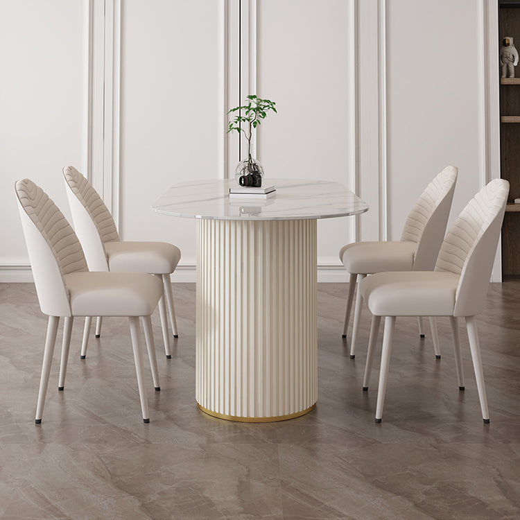 Oval Sintered Stone Dining Table Modern Table in White with Metal Double Pedestal