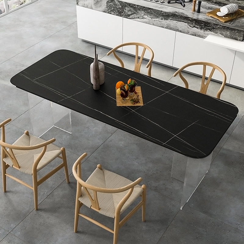 Contemporary Rectangle Dining Table Sintered Stone Dining Table with Clear Acrylic Double Pedestal