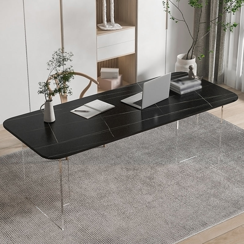 Contemporary Rectangle Dining Table Sintered Stone Dining Table with Clear Acrylic Double Pedestal
