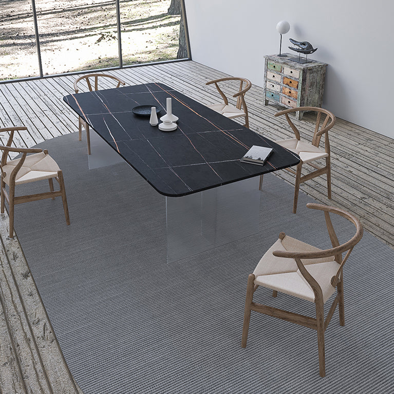 Contemporary Rectangle Dining Table Sintered Stone Dining Table with Clear Acrylic Double Pedestal