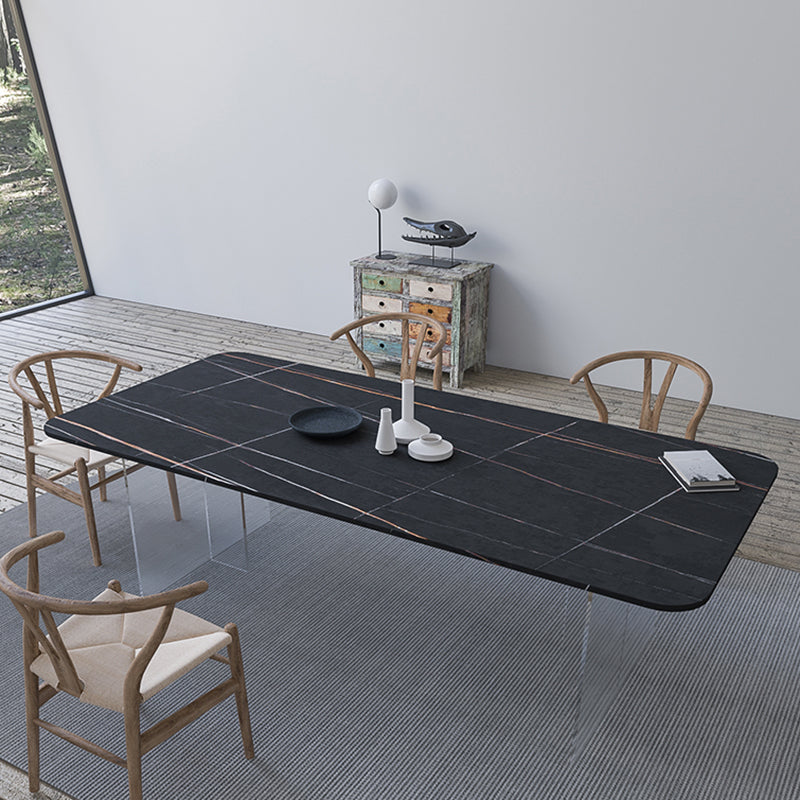 Contemporary Rectangle Dining Table Sintered Stone Dining Table with Clear Acrylic Double Pedestal