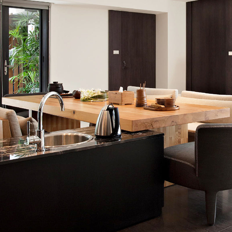Rectangle Casual Dining Table Brown Tone Fixed Table with Pinewood Solid Wood