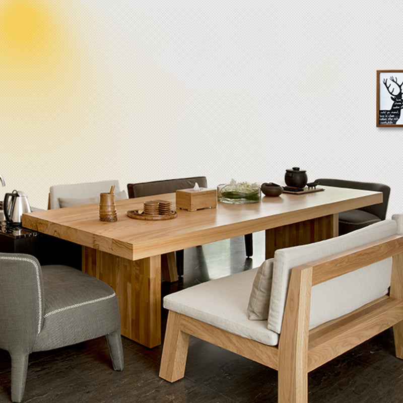 Rectangle Casual Dining Table Brown Tone Fixed Table with Pinewood Solid Wood