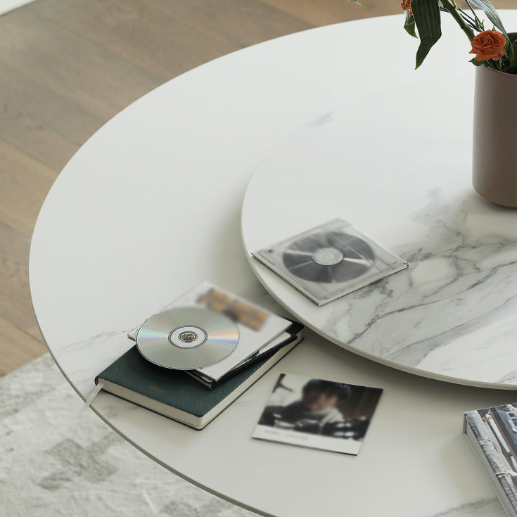 Contemporary Round Dining Table Sintered Stone Table with Brass Tulip Base