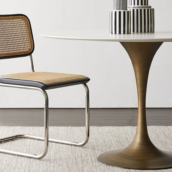 Contemporary Round Dining Table Sintered Stone Table with Brass Tulip Base