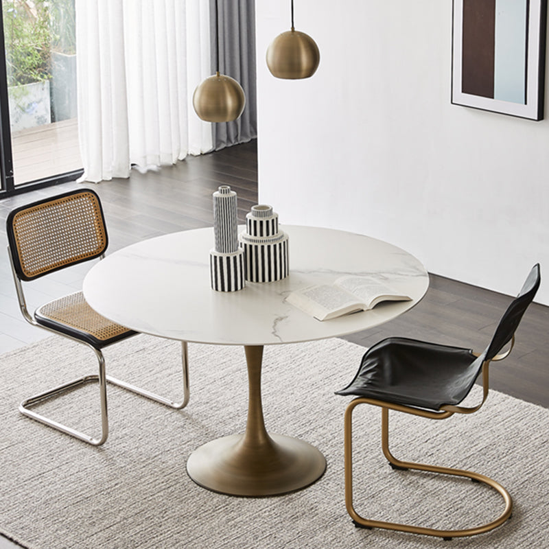 Contemporary Round Dining Table Sintered Stone Table with Brass Tulip Base