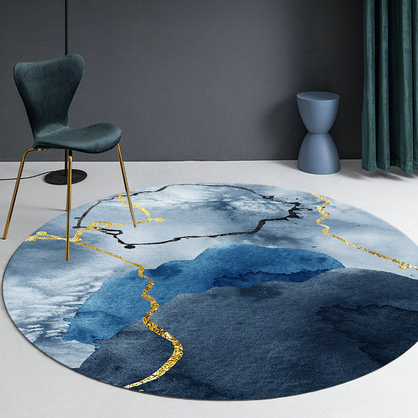 Blue Tone Ink Blooming Rug Polyester Carpet Bold Non-Slip Backing Indoor Rug for Home Decor