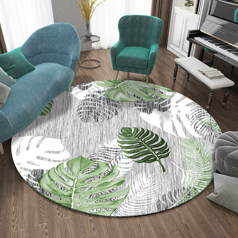 Round Multicolor Modern Indoor Rug Polyester Plant Print Rug Non-Slip Backing Indoor Rug for Bedroom