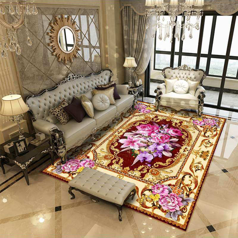 Funky Floral Print Rug Marble Effect Carpet Polyester Anti-Slip Backing Carpet for Living Room