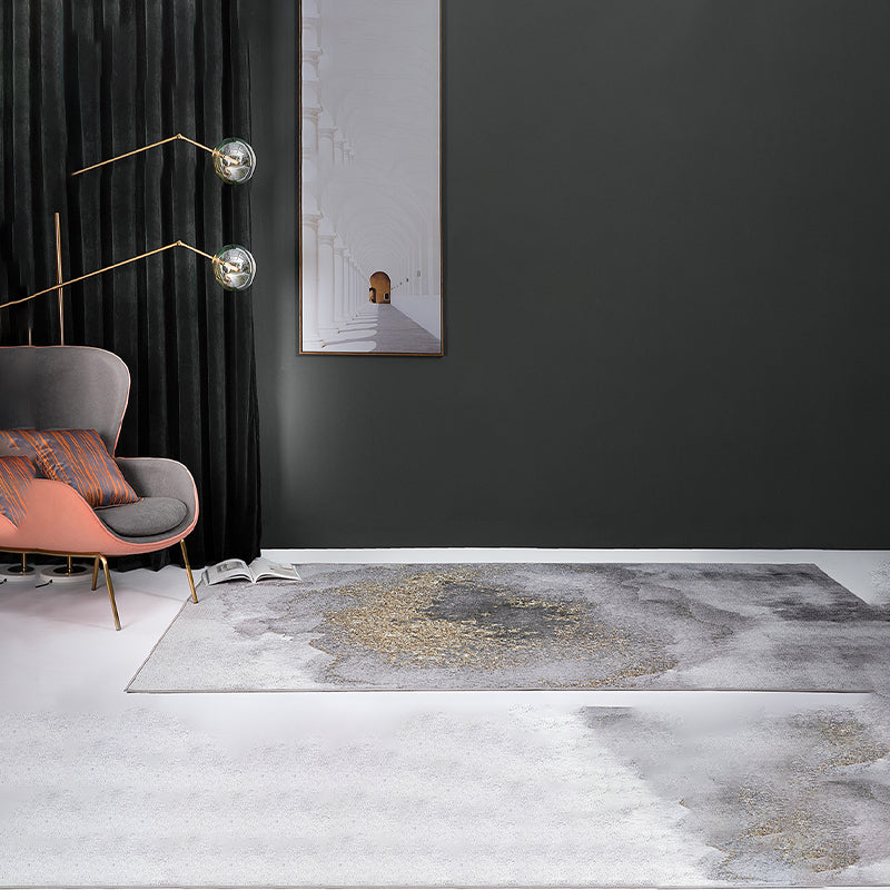 Simplicity Abstract Ink Printed Rug Gray Tone Polyester Area Carpet Easy Care Rug for Living Room