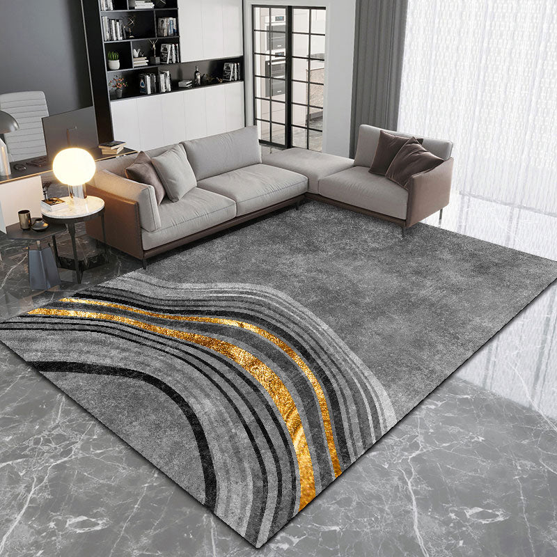 Grey Tone Modern Area Rug Polyester Marbling Print Rug Non-Slip Backing Indoor Rug for Living Room