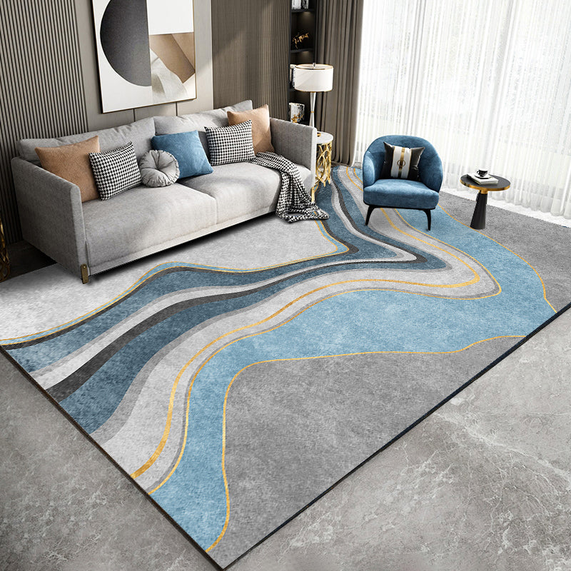 Blue Tone Modern Indoor Rug Polyester Abstract Print Carpet Non-Slip Backing Rug for Home Decoration