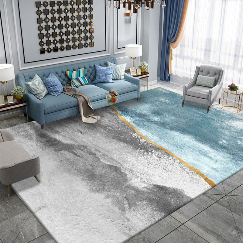 Blue Tone Nordic Indoor Rug Polyester Abstract Print Carpet Non-Slip Backing Rug for Living Room