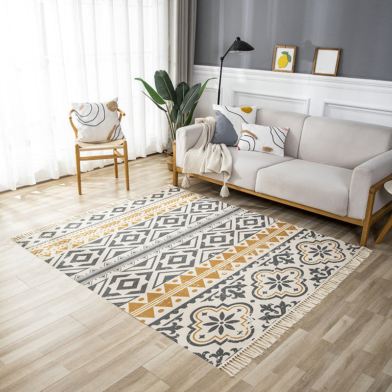 Classical Boho-Chic Rug Hand-Knitted Carpet with Fringe Cotton Blend Area Rug for Home Decoration