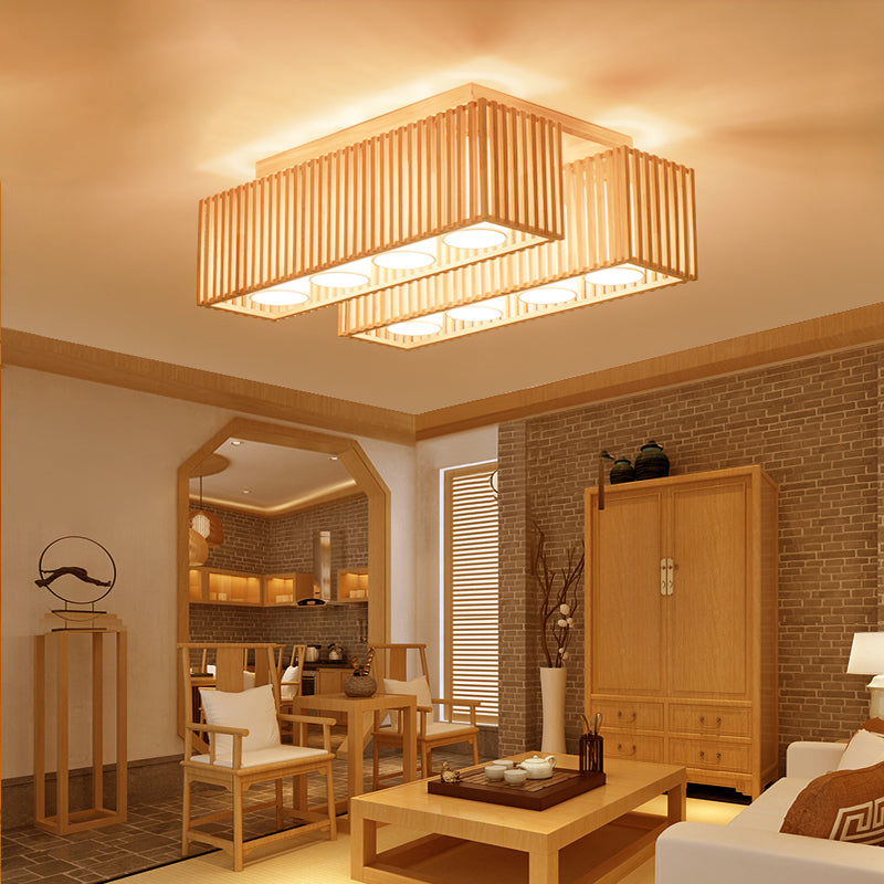 Rectangle Wooden Ceiling Mount Light Asian Style LED Flush Mount Ceiling Light