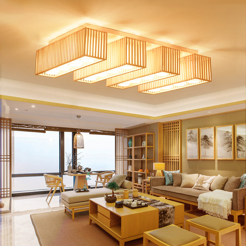 Rectangle Wooden Ceiling Mount Light Asian Style LED Flush Mount Ceiling Light