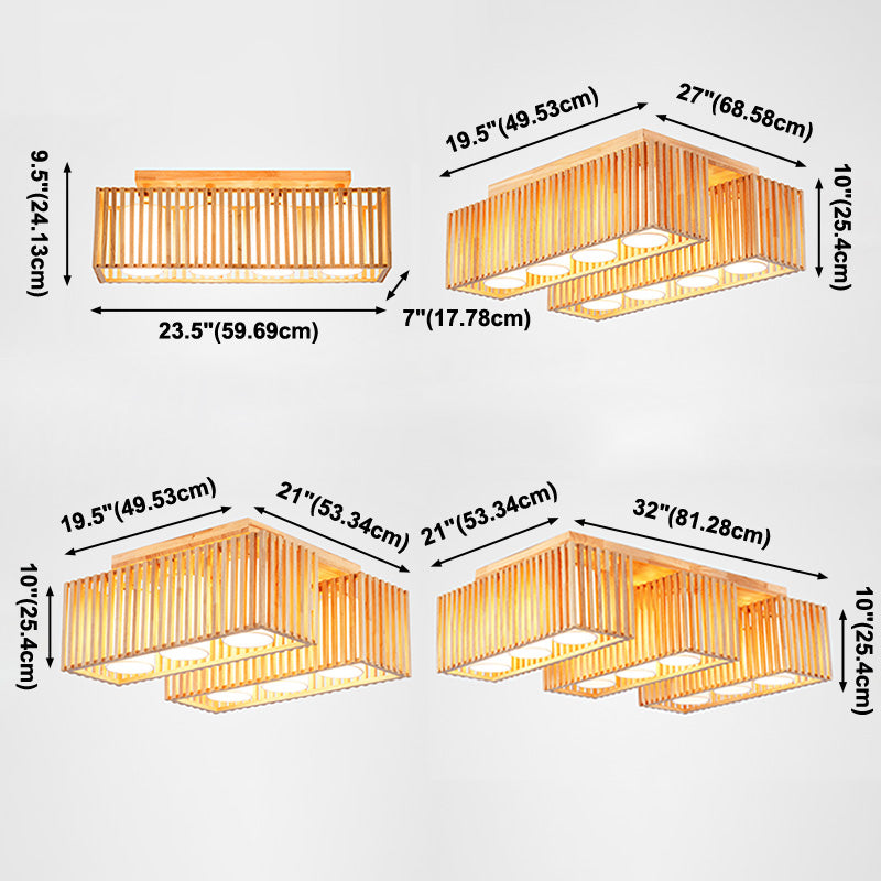 Rectangle Wooden Ceiling Mount Light Asian Style LED Flush Mount Ceiling Light