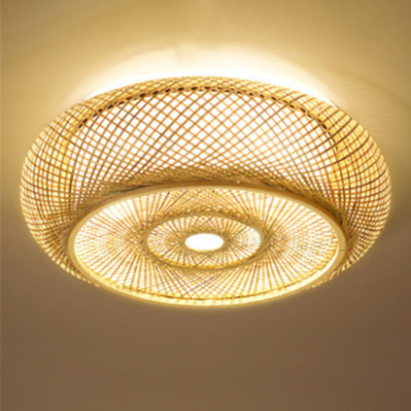 Gebogen trommelverzonken plafondarmatuur van rotan in Azië-stijl in natuurlijk hout