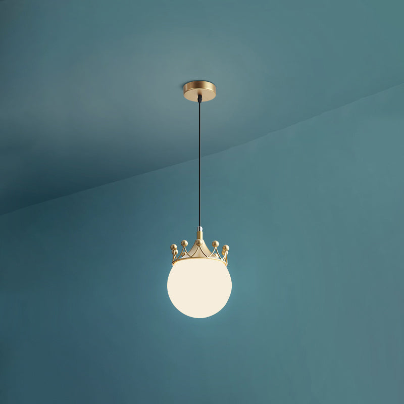 1-licht luxe stijl hangend licht, witte glazen bol hanglamp met kroon
