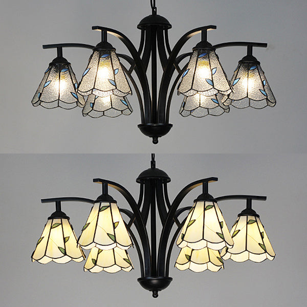 Cône Hanging Light avec design de feuille verte / bleue 6 lumières lustres en vitrail rustique en finition noire