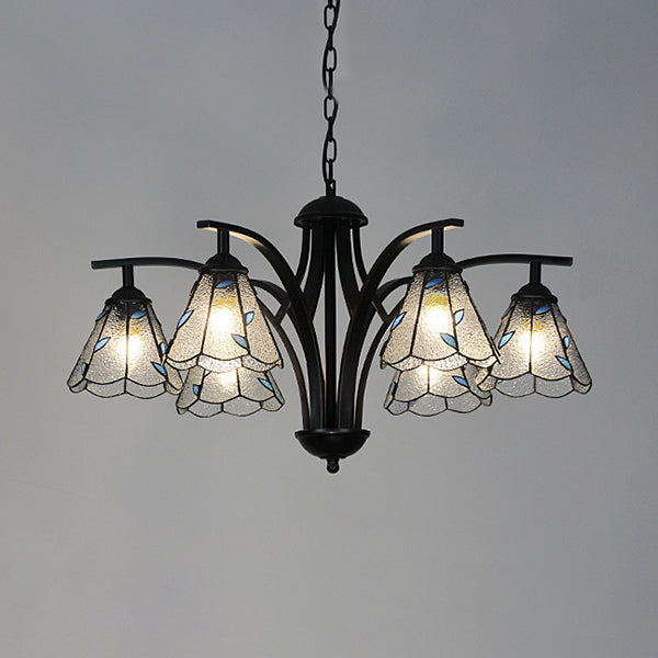 Cône Hanging Light avec design de feuille verte / bleue 6 lumières lustres en vitrail rustique en finition noire
