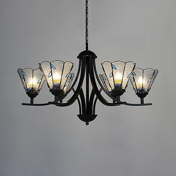 Cône Hanging Light avec design de feuille verte / bleue 6 lumières lustres en vitrail rustique en finition noire