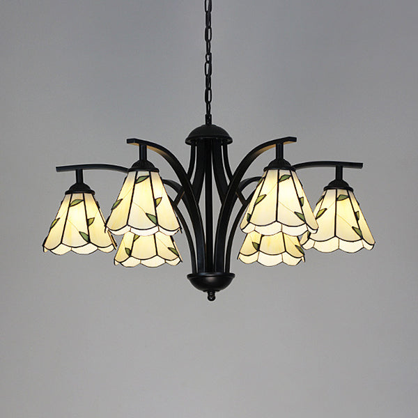 Cône Hanging Light avec design de feuille verte / bleue 6 lumières lustres en vitrail rustique en finition noire