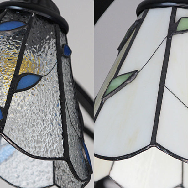 Cône Hanging Light avec design de feuille verte / bleue 6 lumières lustres en vitrail rustique en finition noire