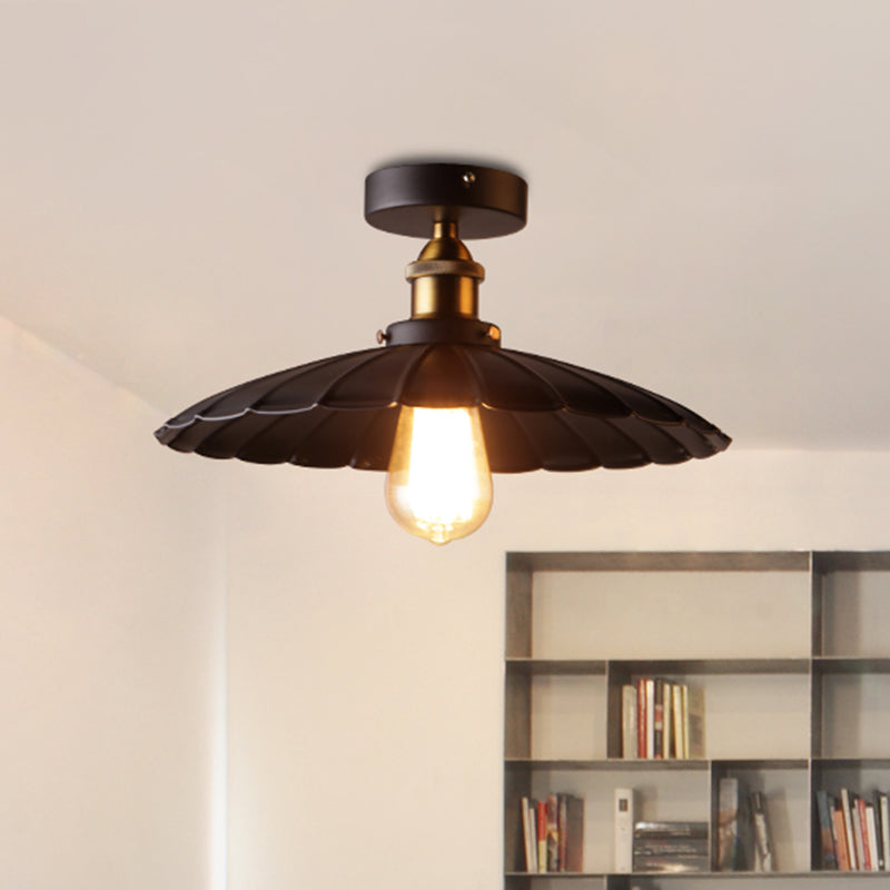 1 Light Round Shade Semi Flush Mount Light Industrial Iron Ceiling Lamp