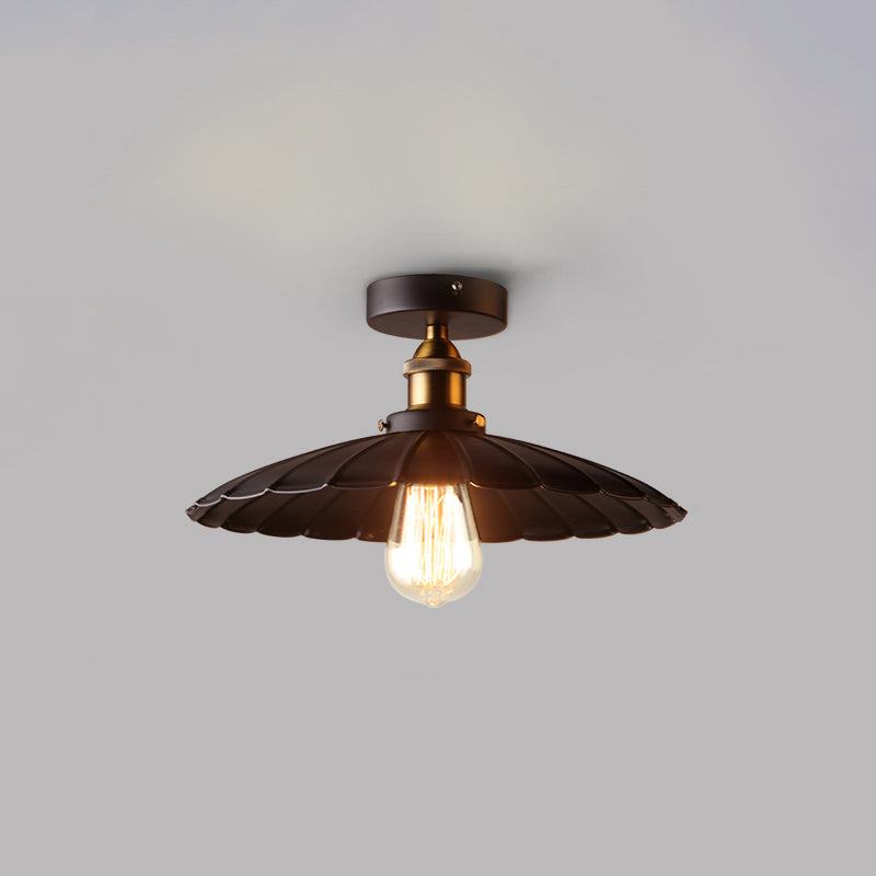 1 Light Round Shade Semi Flush Mount Light Industrial Iron Ceiling Lamp
