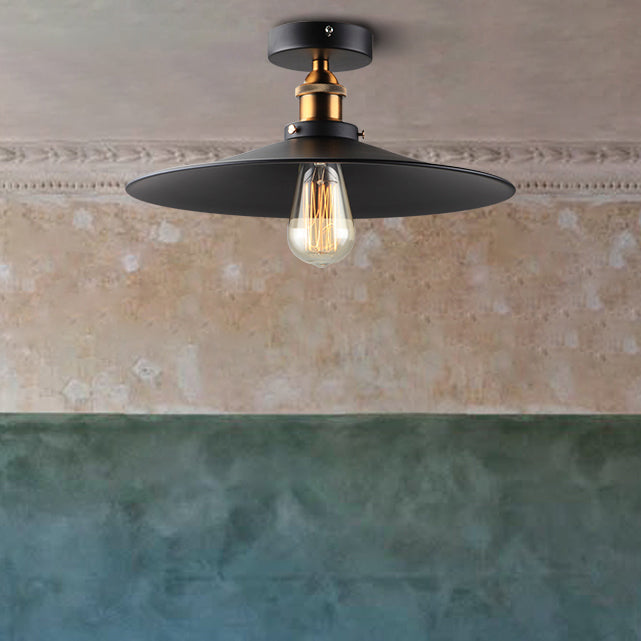 1 Light Round Shade Semi Flush Mount Light Industrial Iron Ceiling Lamp