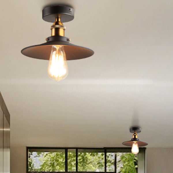 1 Light Round Shade Semi Flush Mount Light Industrial Iron Ceiling Lamp