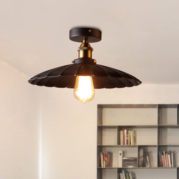 1 Light Round Shade Semi Flush Mount Light Industrial Iron Ceiling Lamp