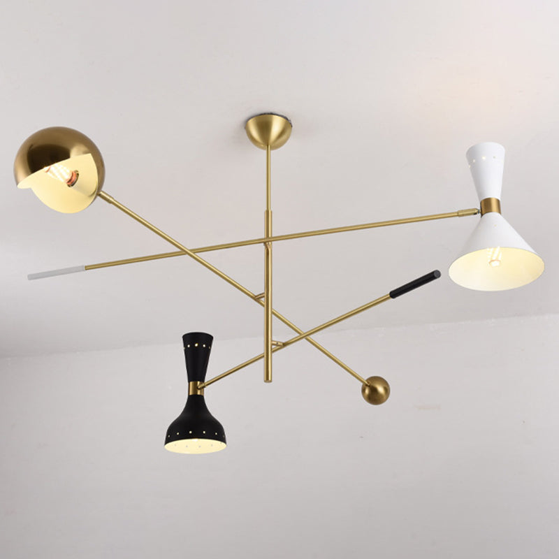 Postmodern 3-Light Chandelier Brass-White-Black Sputnik Hanging Light with Metal Shade