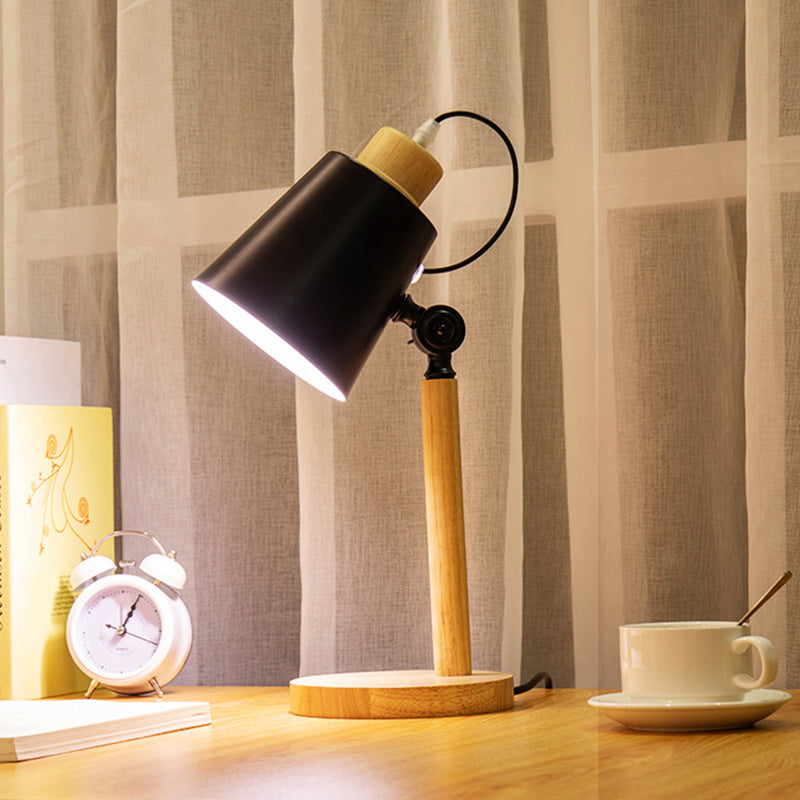Conical Table Lamp Nordic Metal 1 Head Wood Study Light with Adjustable Joint