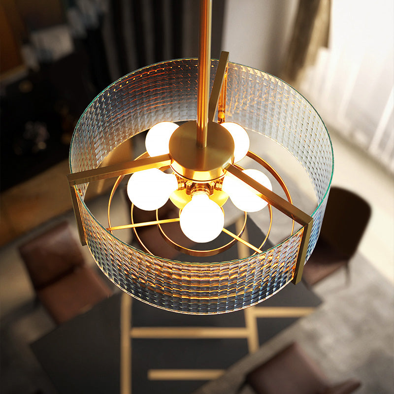 Brass Drum Chandelier Lamp Modern 3 Bulbs Clear Lattice Glass Hanging Light for Kitchen